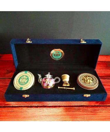 Luxurious Saffron Gift Box for Chefs: 9 Gr Grade A+ Organic Super Negin Coupe Saffron Threads Green Cardamom Rose Bud Tea Dried Saffron Teapot Small Brass Mortar and Pestle (Navy Velvet Box) - Buy Online on SooperMarket.com