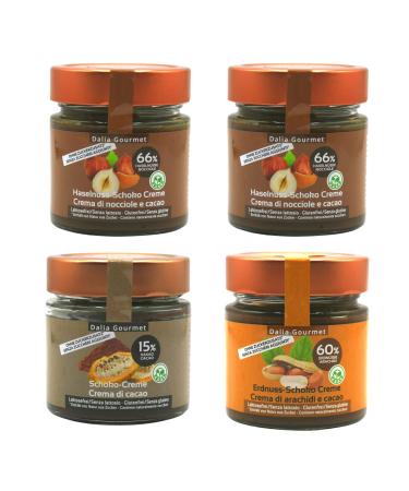 Nut spreads without added sugar and with the highest nut content 4x200g |Made in Italy |Without palm oil vegan gluten-free and genetic engineering free (2x hazelnut chocolate tender chocolate peanut chocolate) 2 x hazelnut chocolate tender bitter peanut c