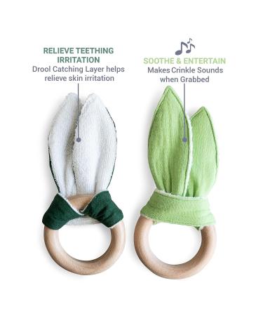 Organic Muslin Bunny Ears Baby Teether with Crinkle Paper and Wooden Teething Ring - Mint Green | Gender Neutral Newborn Teething Toy - Buy Online on SooperMarket.com