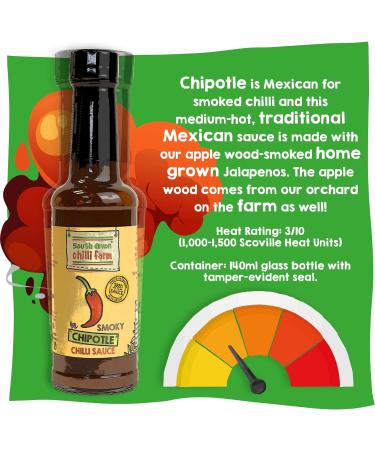 South Devon Chilli Farm Smoky Chipotle Sauce | Medium-Hot Traditional Mexican Sauce - Made with our Applewood-Smoked Home-Grown Jalapenos Versatile Gluten Free - Case of 6 140ml Bottles - Buy Online on SooperMarket.com