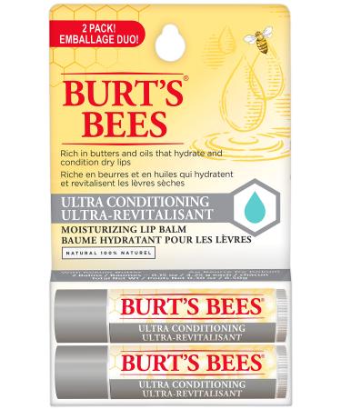 Burt's Bees Hydrating Lip Balm for Dry Chapped and Cracked Lips 100% Natural Origin Ultra Conditioning with Kokum Butter Shea Butter and Cocoa Butter Unscented 2 Tubes