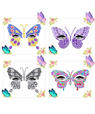 4 Sheets Face Jewels Face Gems for Festivals Self-Adhesive Face Rhinestone Stick on Eyes Body Crystal Butterfly Face Gems for Women and Girls Face Stickers Festival for Rave Festival Party