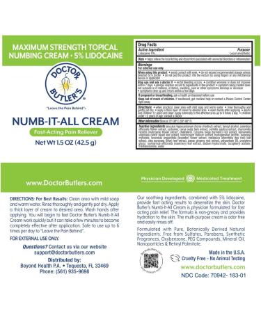 Doctor Butler's Numb It All Cream - Fast Acting 5% Lidocaine Topical Numbing Relief (1.5oz) - Buy Online on SooperMarket.com