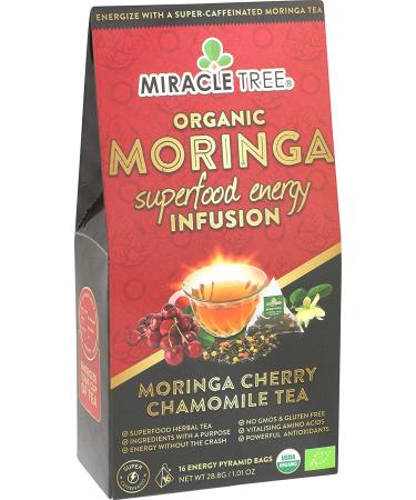 Miracle Tree Moringa Energy Tea - Cherry Chamomile | Organic, Caffeinated Coffee Alternative | 16 Pyramid Sachets - Buy Online on SooperMarket.com