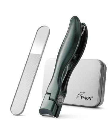 FVION Nail Clipper for Thick Toenail and Fingernail Wide Jaw Nail Clippers with Crystal File Large Toe Nail Clipper with Catcher for Men Women Nail Cutter Set(Green)