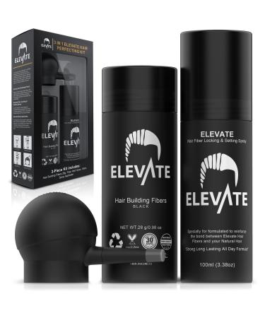 ELEVATE Hair Perfecting 3-in-1 Kit Set Includes Natural Hair Thickening Fibers & Spray Applicator Pump Nozzle & Locking Setting Hold Hair Spray | Instantly Conceal Balding Hair Thinning Areas (Black)