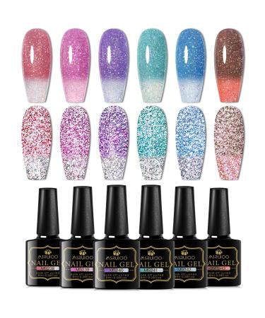 MSRUIOO Reflective Glitter Color Changing Gel Nail Polish Temperature Color Change Glitter Gel Polish Reflective Gel Nail Polish Diamond Glitter Pink Purple Blue Color Changing Nail Polish 2 Colors Changing Gel Nail Polish
