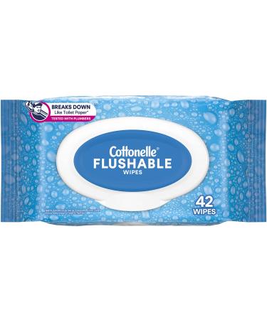 Cottonelle Flushable Wet Wipes for Adults, 1 Flip-Top Pack, 42 Wipes, Alcohol-Free, Plastic Free