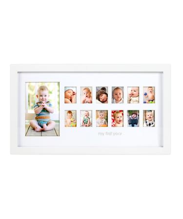 Pearhead My First Year Photo Moments Baby Keepsake Picture Frame, Babys First Year Photo Frame, Mothers Day Accessory, Gender-Neutral Baby Milestone Nursery Dcor, White Baby's First Year Horizontal Frame, White