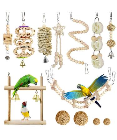 Allazone Bird Parrot Toys 13 PCS Hanging Bell Pet Bird Cage Hammock Swing Toy Wooden Chewing Toy for Conures Love Birds Small Parakeets Cockatiels Macaws Style 7