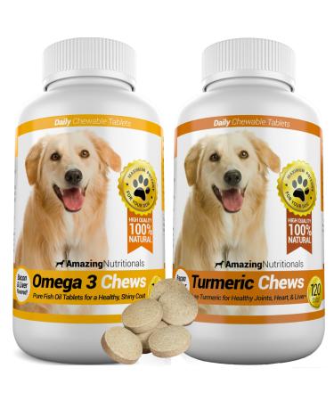 Amazing Combo Omega-3 Fish Oil and Turmeric Curcumin for Dogs - Pure All-Natural Pet Antioxidant - Promotes Shiny Coat, Brain Health, Eliminates Diarrhea Gas and Joint Pain, 120 Tasty Chews x 2 1 Bottle of Each