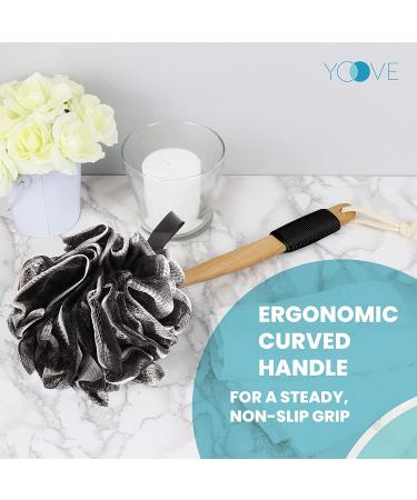 Bamboo Charcoal Infused Loofah Back Scrubber Set for Men & Women | Exfoliating Shower Sponge | Includes 1 Stick Loofah, 1 Luffa Pouf, and Hanging Hook - Black - Buy Online on SooperMarket.com