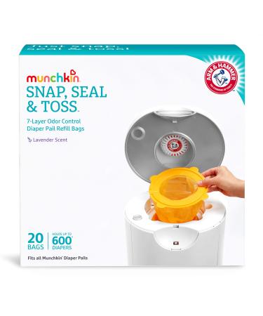 Munchkin Arm and Hammer Diaper Pail Snap, Seal and Toss Refill Bags, Holds 600 Diapers, White 20 Count 20 Count (Pack of 1)