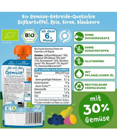 Pumpkin Organics Bio Vegetable Cereal Quets 8 Pack - Sugar-Free Baby Food with Sweet Potato Rice Pear & Blueberry - Gluten-Free & Vegetarian - Perfect for 6+ Months (8x100g) - Buy Online on SooperMarket.com