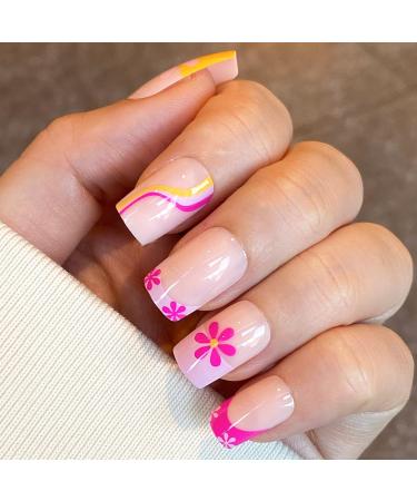 NOVO OVO Short Square Floral False Nails Kit - Happiness as Flowers Purple Lavender Swirl - Valentine's Day & Spring - Buy Online on SooperMarket.com