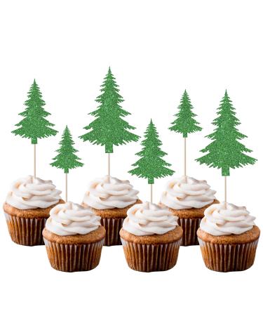 Rsstarxi 24 Pack Glitter Christmas Tree Cupcake Toppers 3 Designs Watercolor Assorted Xmas Green Cupcake Toothpicks for Christmas Winter Holiday Baby Shower Party Cake Decorations Design 20