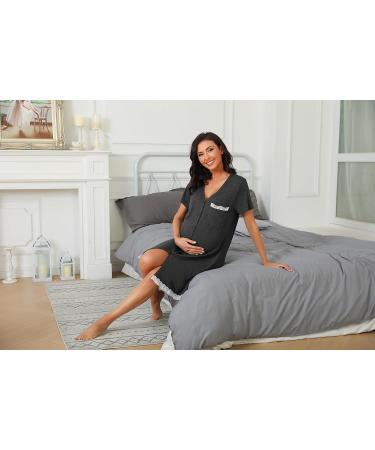 Uniexcosm Maternity Nursing Nightdress - Women's Short Sleeve Nightwear in Soft Dark Grey Stripe - Button Down Nightgown for Comfortable Sleep - Maternity Pyjamas Nightshirt - Buy Online on SooperMarket.com