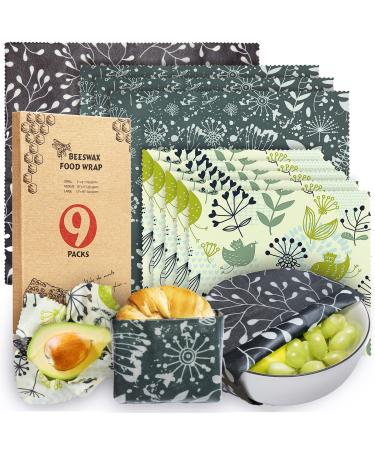 9 Pack Beeswax Wrap Reusable Food Wraps Eco-Friendly Reusable Beeswax Food Wraps Set Zero Waste-Sustainable-Plastic-Free Food Storage Wrapper 5S 3M 1L/Flowers and Birds Pattern