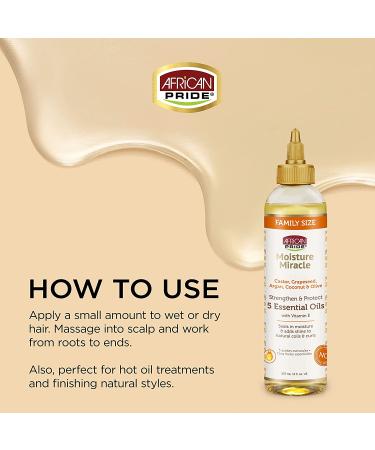 African Pride Moisture Miracle 5 Essential Oils - Castor, Grapeseed, Argan, Coconut & Olive Oil - 8 oz - Seals in Moisture, Adds Shine - With Vitamin E - Buy Online on SooperMarket.com