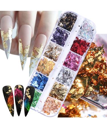 12 Grids Nail Foils Nail Art Foil Flakes, Holographic Glitter Sequins Mirror Effect Design Confetti Gold Silver Nail Foil Flakes for Women Girls Gold Silver Glitter Aluminum Flakes DIY Manicure Tips X81