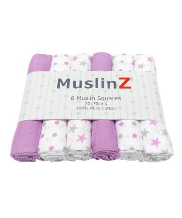 MuslinZ 6pk Baby Muslin Squares Burp Cloths Dribble Cloth Breastfeeding Cover 70x70cm 100% Pure Cotton Absorbent & Breathable (Violet Star)