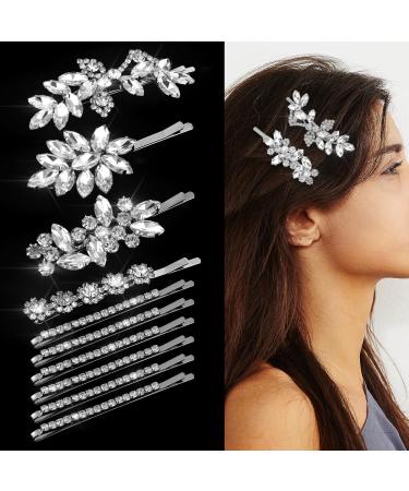 10Pcs Rhinestone Weeding Hair Clips Bridal Hairpin Silver Elegant Hair Barrettes Crystal Bobby Pins Leaf Flower Rhinestone Formal Hair Accessories for Women Girls