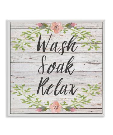 Stupell Industries Wash Soak Relax Floral Wood Design by Sean Parnell White Framed Wall Art 24x24 Multicolor 24x24 White Framed