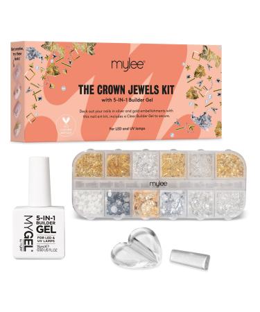 Mylee Crown Jewels Nail Art Kit 12-Piece Set + 5 in 1 Clear Builder Gel Silver & Gold Decorations Metal Rhinestones Studs for Gel Acrylic & Natural Nails Curving Tool Professional & Beginner