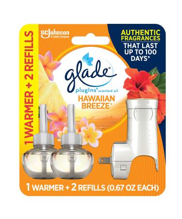 Glade PlugIns Refills Air Freshener Starter Kit Scented and Essential Oils for Home and Bathroom Hawaiian Breeze 1.34 Fl Oz 1 Warmer + 2 Refills Hawaiian Breeze 1.34 Fl Oz 1 Warmer + 2 Refills