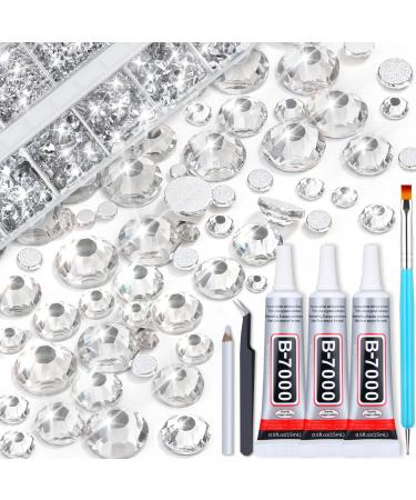 B7000 Rhinestones Clear Glue with Rhinestones for Crafts, 3600Pcs Face Gems Clear Rhinestones Kit 6 Sizes (1.5-6 mm) with Fabric Glue for Clothes Shoes Nail Art Face Gems Jewelry