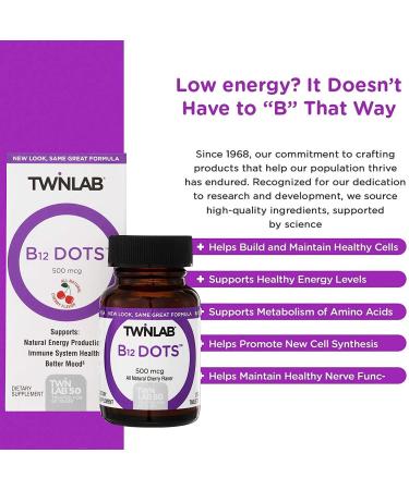 Twinlab B-12 Vitamin 500 MCG Dots - Cherry Flavor - 250 Tablets - Boost Energy & Support Health - Buy Online on SooperMarket.com
