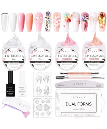 Makartt Solid Builder Nail Gel Kit Nail Extension All in One Spring Hard Gel Nail Kit Gel Base Top Coat UV LED Nail Lamp Nail File Dual Forms Gel Picker Cuticle Pusher Silicone Molds Sculpting Brush