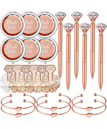 24 Pack Bridesmaid Proposal Gifts 6 Hair Scrunchies Bridal Shower Hair Band 6 Compact Pocket Bride Makeup Mirror 6 Love Knot Bracelets 6 Rose Gold Diamond Pens for Wedding Bridal Party Accessories