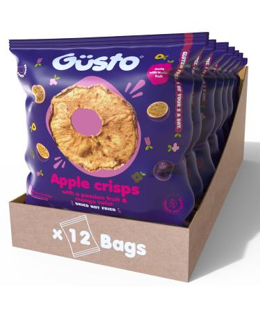 GUSTO SNACKS Crunchy Apple Crisps with Passion Fruit Juice - Case of 12 (20g) - 100% Dried Fruit Snacks - No Added Sugar High in Fibre Vegan Vegetarian Low Calorie Gluten free Nut & Fat Free Passion fruit & Mango wonky Apple Crisps