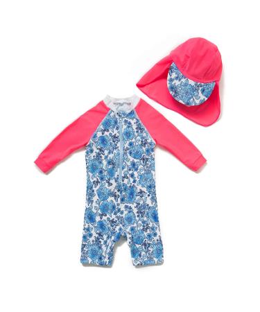 BONVERANO Baby Girls Swimsuit Toddler Bathing Suit Long-Sleeve Zipper One Piece Swimwear with UPF 50+ Sun Protection 2-3 Years Blue / White