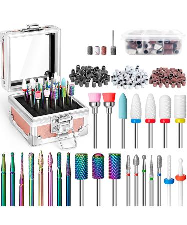 Onism 25Pcs Nail Drill Bits Set - 3/32 Inch Tungsten Carbide Ceramic Nail Bits Kit for Professional Manicure Pedicure Remover for Home Salon Acrylic Gel Nail Polish - With Nail Tool Box Sanding Bands Pink