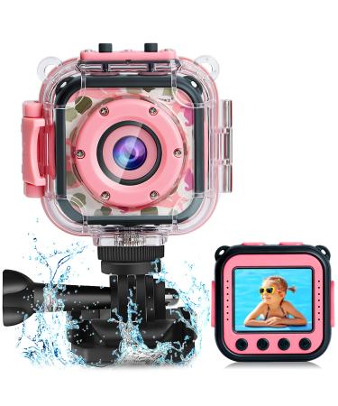 PROGRACE Kids Camera Waterproof Gift Toy - Children Digital Video Camera Underwater Camera for Kids 1080P Camcorder DV Toddler Camera for Girls Birthday Learn Camera Pool Toys Age 3-14 Pink