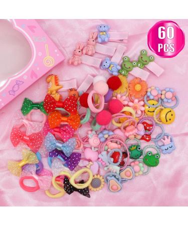HQCM 60 PCS Seamless Ponytail Holder Hair Accessories for Girls - Multicolor Mini Baby Cartoon Hair Ties with Bow, Elastic Bands, and Clips for Kids - Buy Online on SooperMarket.com