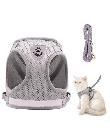 GWAWG Cat Harness and Lead Set Escape Proof Kitten Harness Soft Mesh with Metal Ring for Walking Travel S Grey