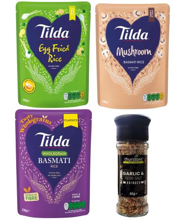 Tilda Microwave Basmati Rice Bundle with Garlic & Herb Salt Grinder 3 Tasty Flavours Egg Fried Rice Mushroom Wholegrain. Ready in 2 minutes