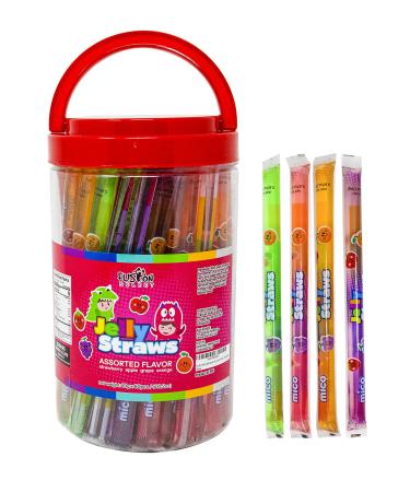 Fusion Select Jelly Straw Jelly Noodle Tik Tok Challenge Assorted Flavors Strawberry Orange Pineapple Grape Mango Pcs Asmr Challenge (Jar - 60 Pcs)
