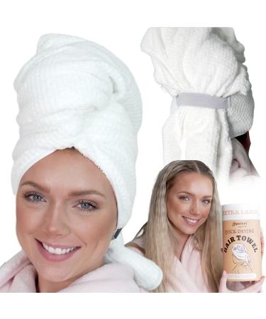Leporem Microfiber Hair Towel - Extra Large (43 inch X 30 inch) Super Absorbent, Ultra-Soft & Fast Drying Towel with Dual Elastic Straps to Securely Tuck Extremely Thick, Long & Curly Hair (White)