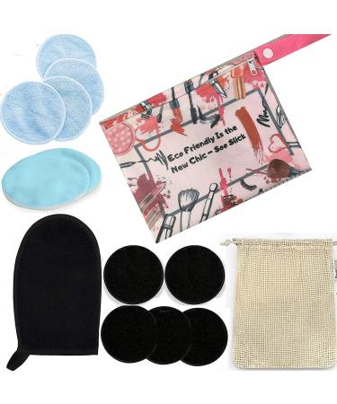 Reusable Makeup Remover Wipes -10 Bamboo Rounds Pads with 1 Glove Laundry Bag & a Travel Carry Bag - 5 Blue & 5 Black Bamboo Charcoal Organic Makeup Removal Pads - Soft Chemical Free Face lips Wipes
