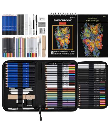 Prina 76 Pack Drawing Set Sketching Kit, Pro Art Sketch Supplies with 3-Color Sketchbook, Include Tutorial, Colored, Graphite, Charcoal, Watercolor & Metallic Pencil, for Artists Adults Teens Beginner