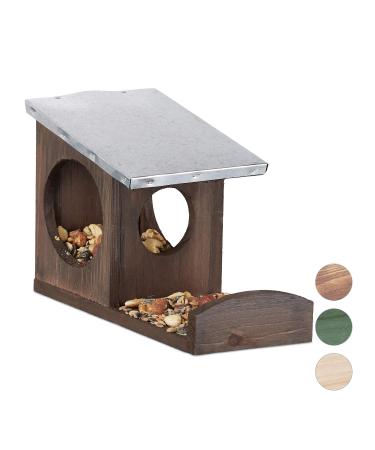 Relaxdays Squirrel Feeder Wooden House Weatherproof Metal Roof Hanging Garden Feeding Station Dark Brown