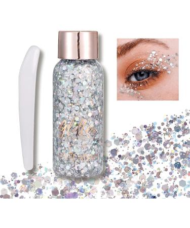Body Glitter Gel Face Glitter Mermaid Chunky Glitter Hair Glitter Body Festival Glitter Eyeshadow Sequins Glitter for Face Body Eye Hair Nails Makeup Long Lasting Sparkling(Silver) 102#Silver