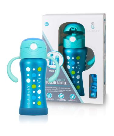 L.A. Baby Ultimate Stainless Steel Insulated Straw Sippy Cup | 9oz Toddler Water Bottle with Straw | Insulates 10+ Hours | Medical Grade Stainless Steel | Spill-Proof Design - Blue Sapphire Blue