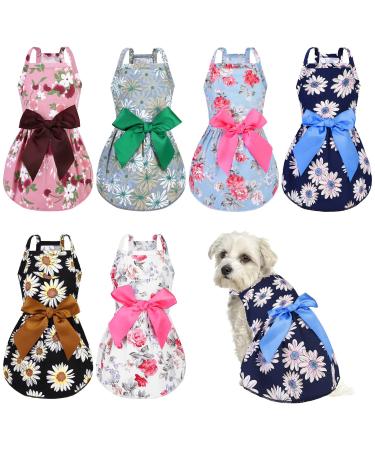 Pedgot 6 Pieces Dog Bowknot Floral Dress Cute Pet Princess Dress Dog Sundress with Lovely Bow Dog Princess Dress Puppy Summer Dress for Small Pets Dogs Puppy Cats, Medium