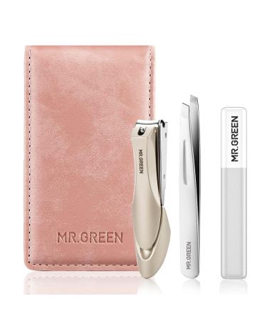 MR.GREEN 3pcs Stainless Steel Nail Clippers Set Pink Manicure Pedicure Set with Nail Clippers&Glass Nail file&Tweezers Medical Grade Grooming Kit with Travel Case Gift Box for Man and Woman Mr-6302