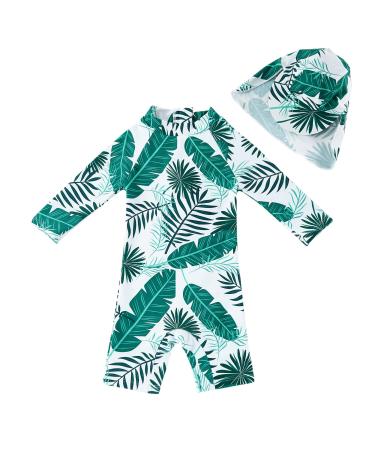 upandfast Baby Boy Swimwear Infant One Piece Zip Swimsuit UPF 50+ Sun Protection Toddler Bathing Suit with Sun Hat 6-9 Months Leaf